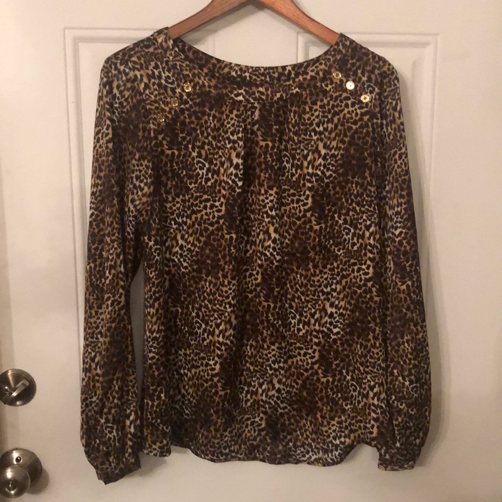 MICHAEL Michael Kors Leopard Print Gold Button Accents High Low Top